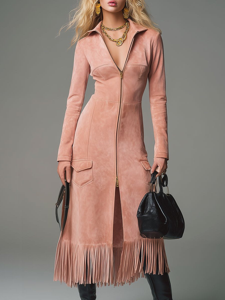 Suede Zip-Up Midi Dress with Fringe Hem for Women