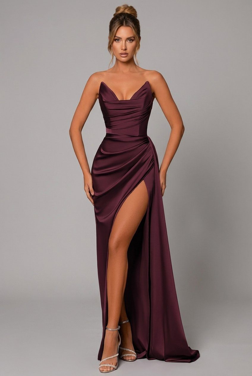 Sweetheart Ruched Satin Maxi Dress with Thigh Split for Women