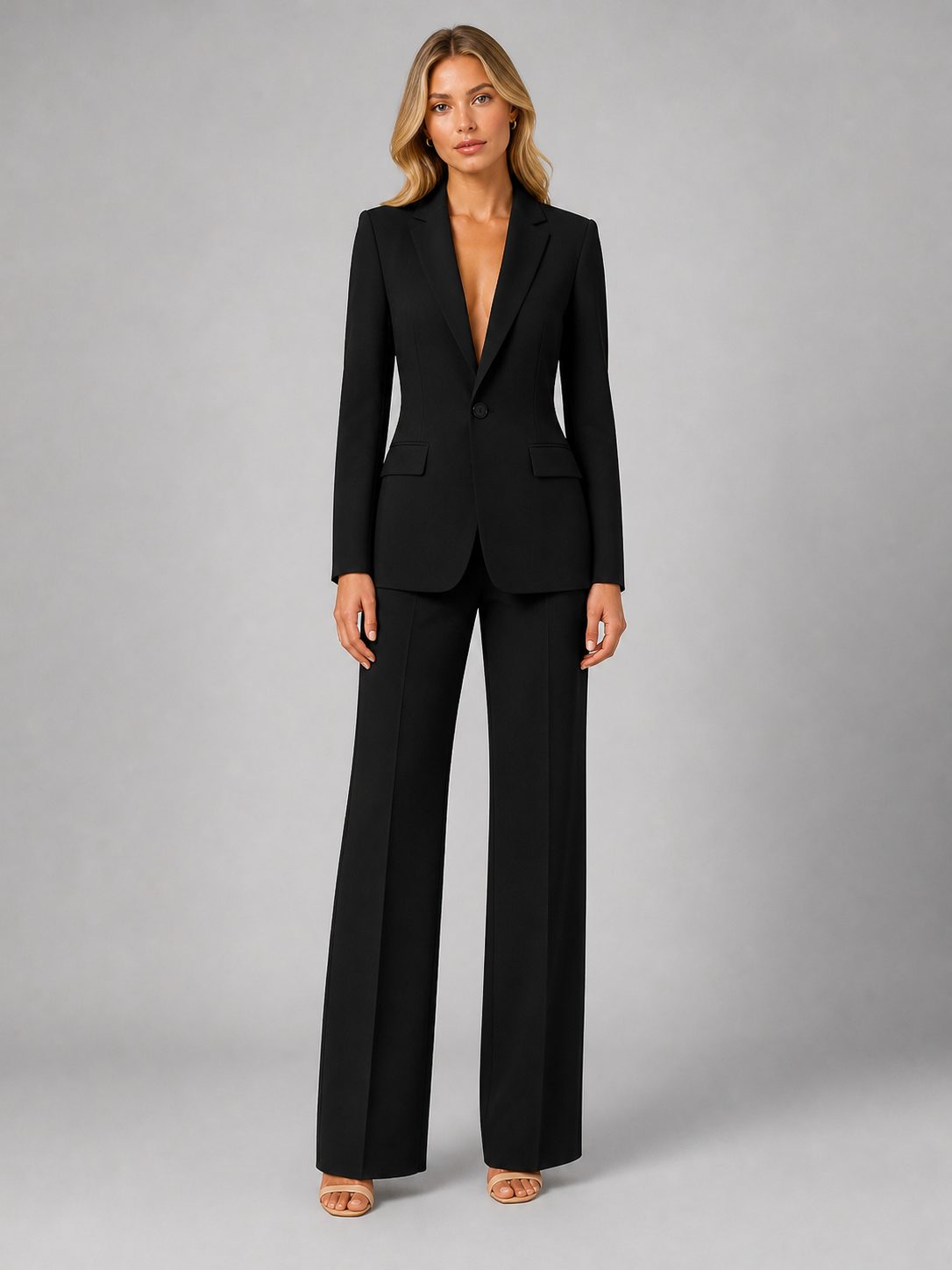 Tailored Blazer and Wide-Leg Trousers Set for Women - Black