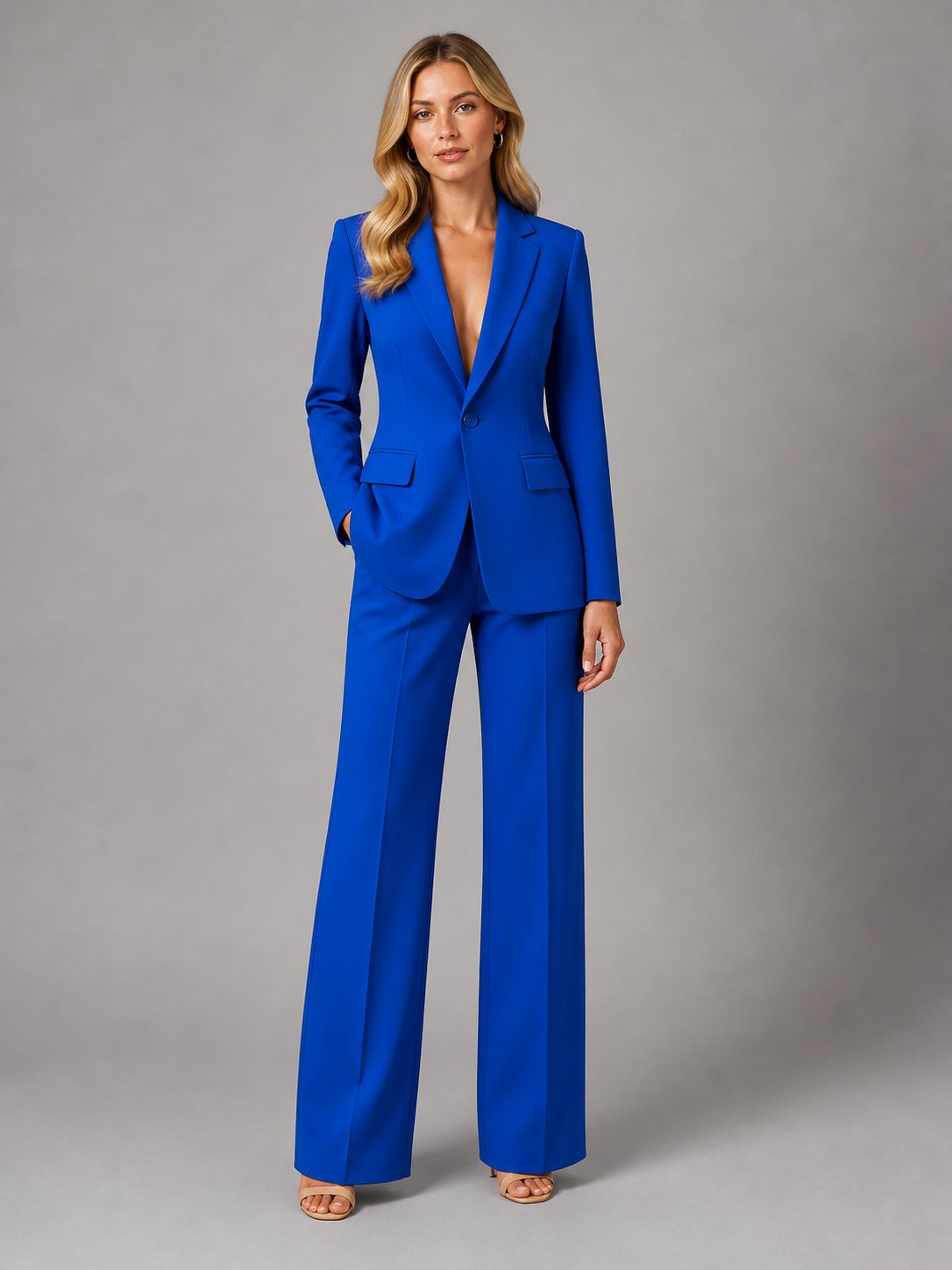 Tailored Blazer and Wide-Leg Trousers Set for Women - Blue