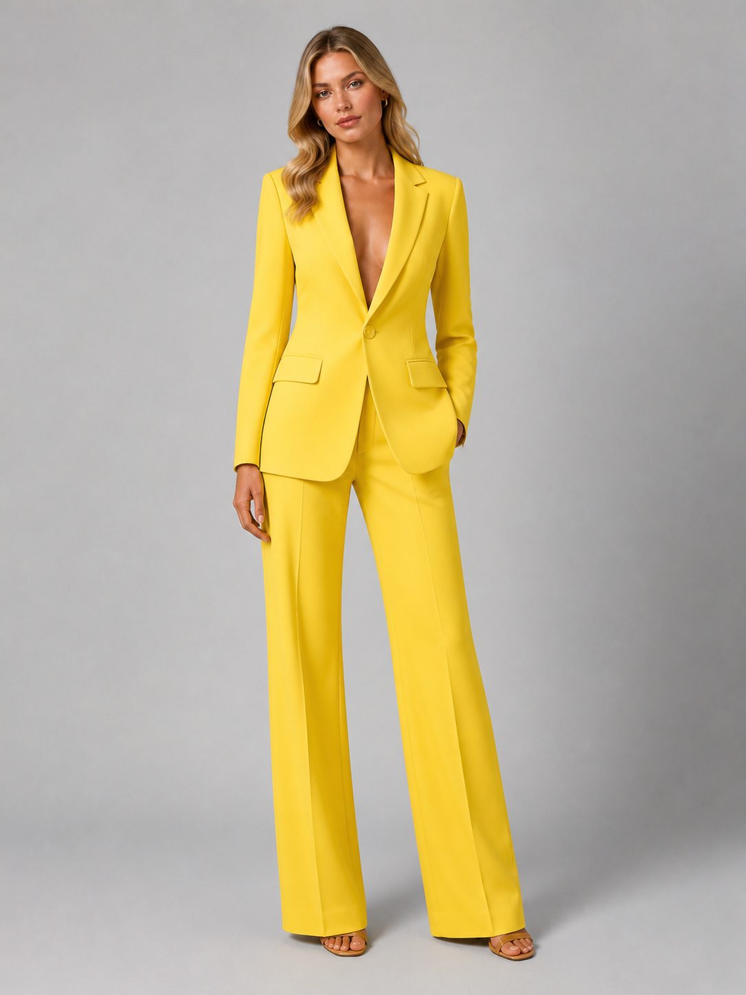 Tailored Blazer and Wide-Leg Trousers Set for Women - Yellow