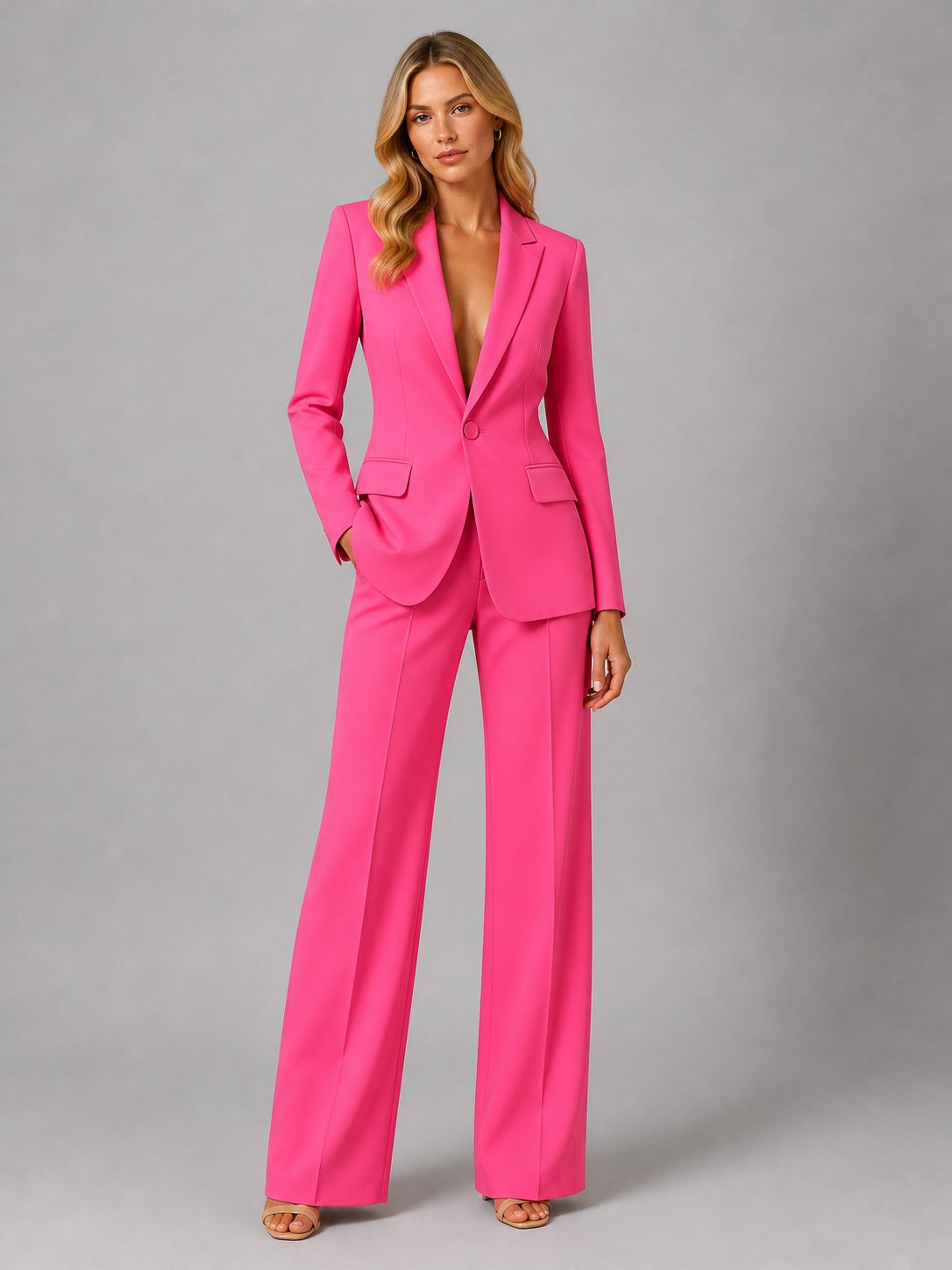 Tailored Blazer and Wide-Leg Trousers Set for Women - Pink