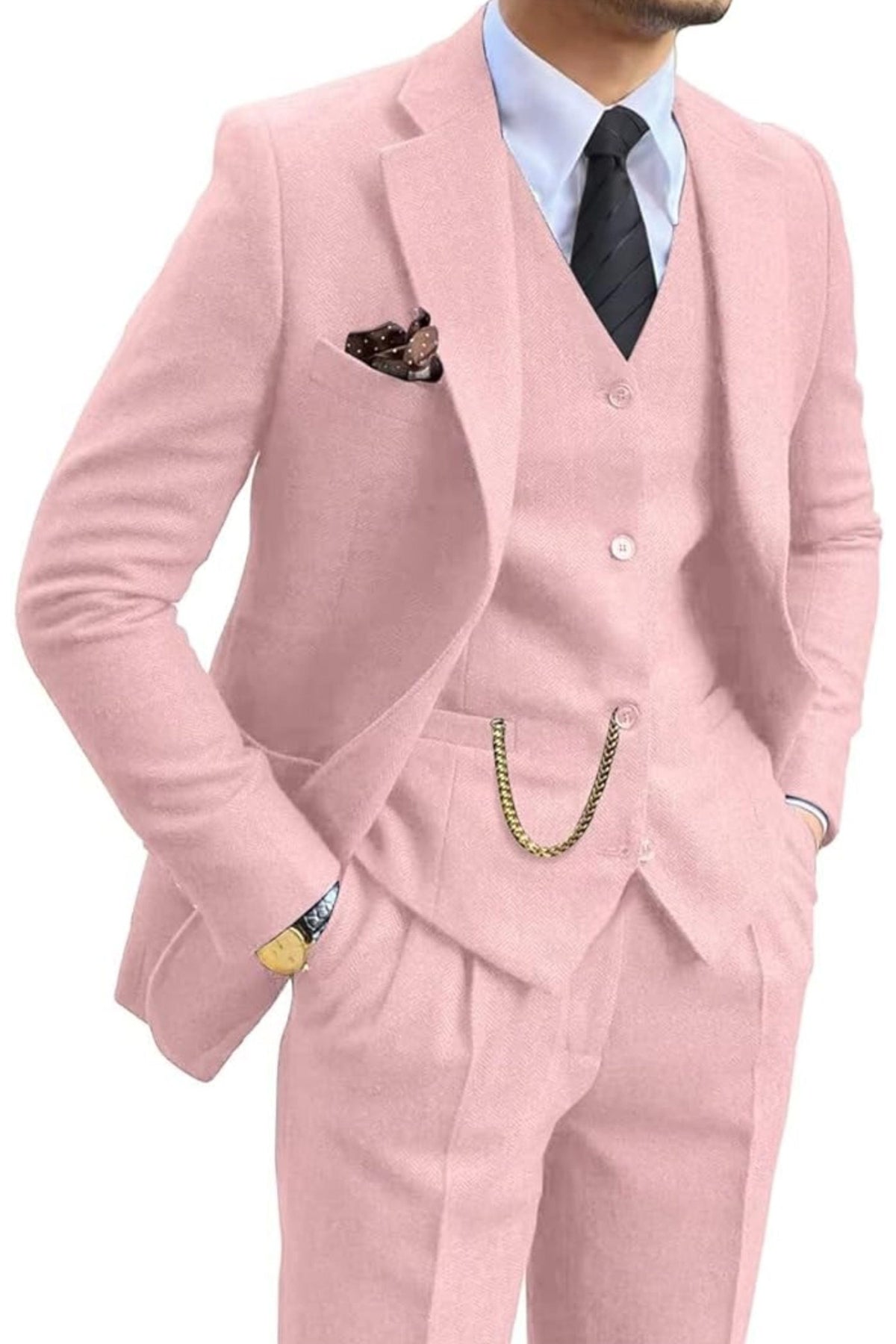 Tailored Herringbone Three-Piece Suit for Men - View 10