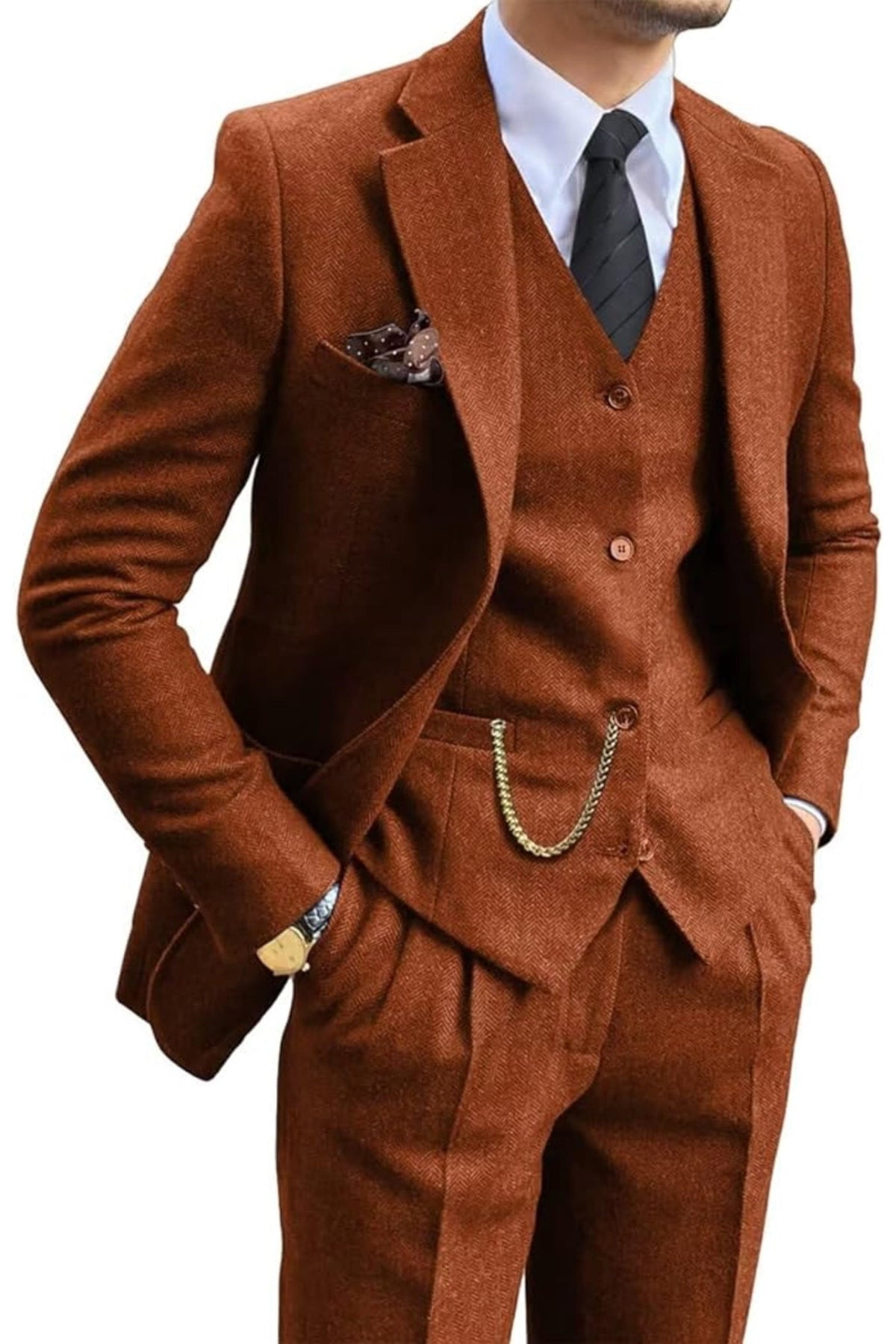 Tailored Herringbone Three-Piece Suit for Men - View 11