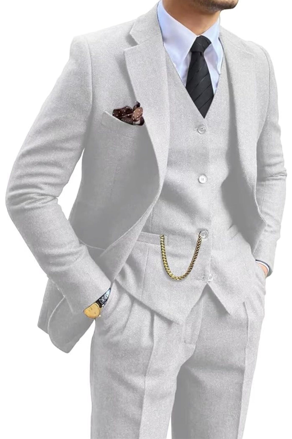 Tailored Herringbone Three-Piece Suit for Men - View 12