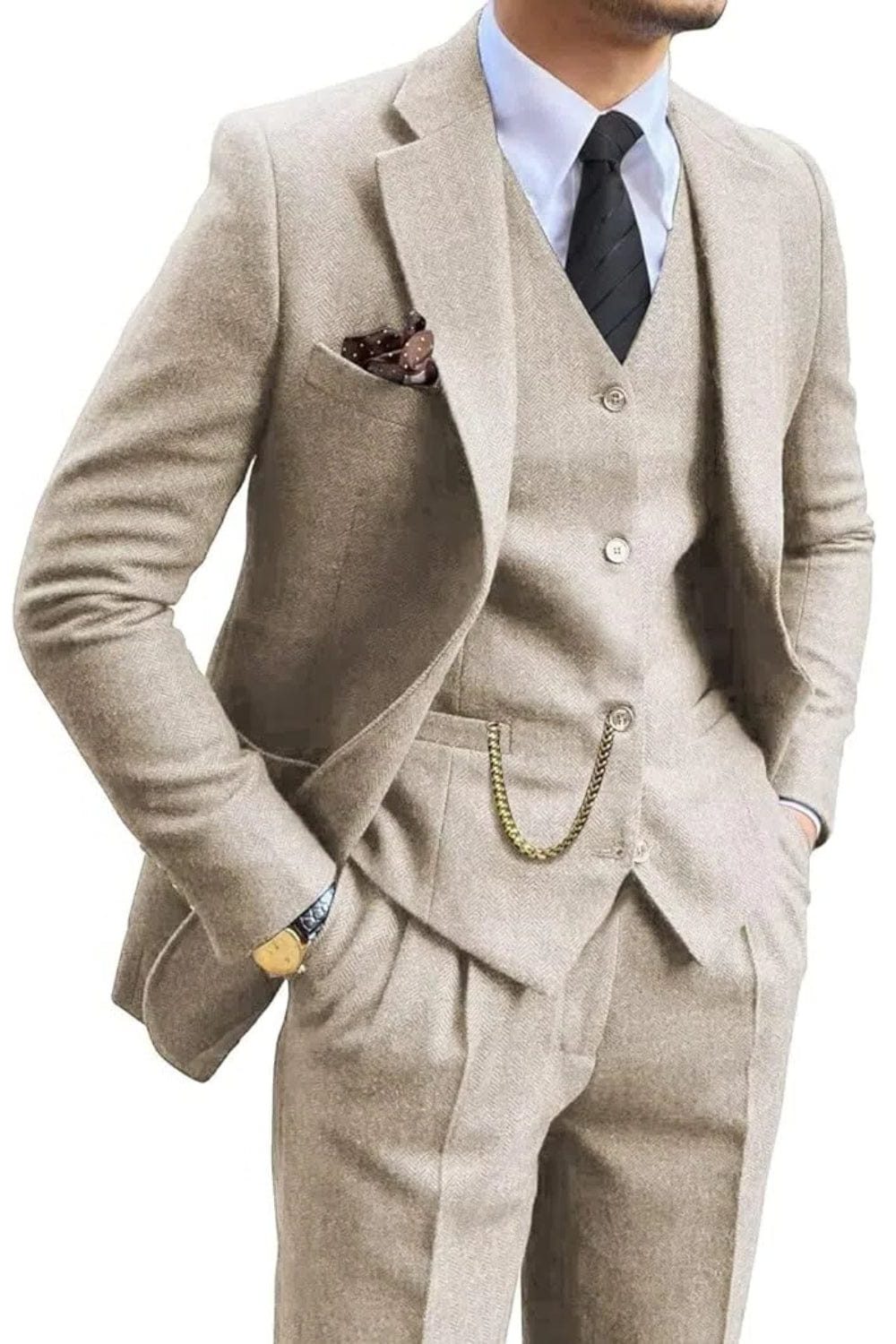 Tailored Herringbone Three-Piece Suit for Men - View 13