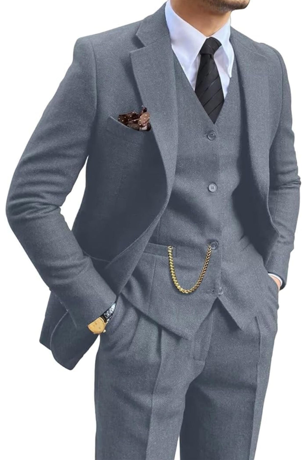 Tailored Herringbone Three-Piece Suit for Men - View 14