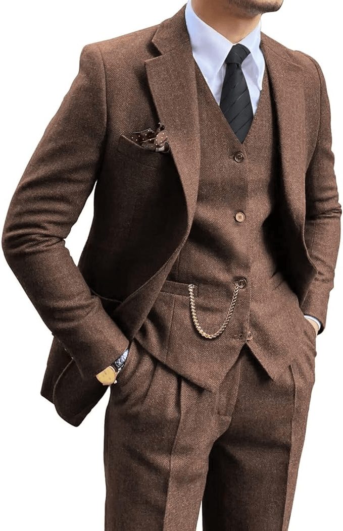 Tailored Herringbone Three-Piece Suit for Men - Brown