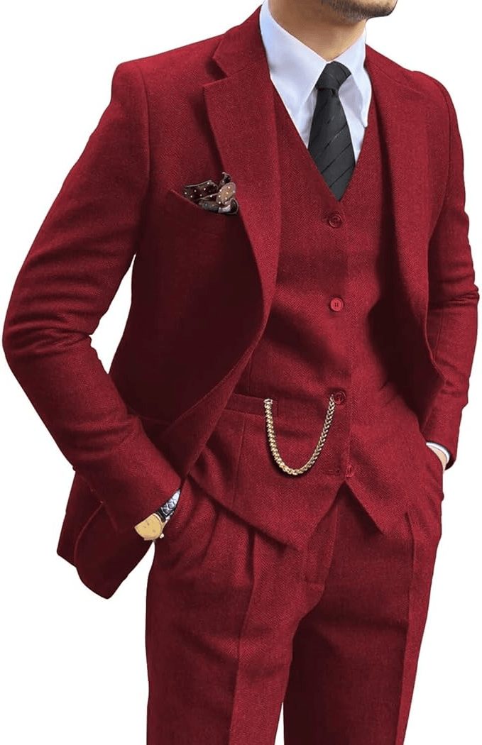 Tailored Herringbone Three-Piece Suit for Men - Burgundy