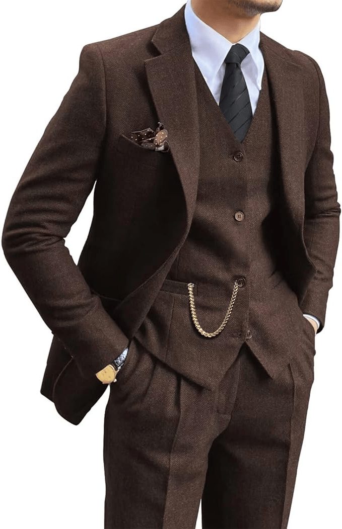 Tailored Herringbone Three-Piece Suit for Men - Dark Brown