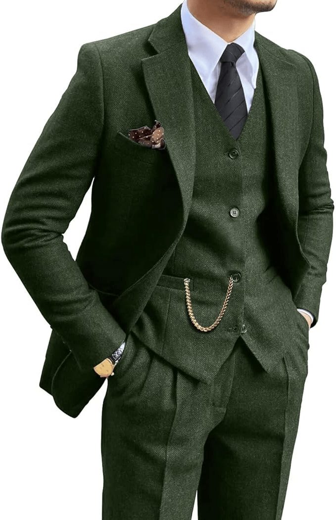 Tailored Herringbone Three-Piece Suit for Men - Green