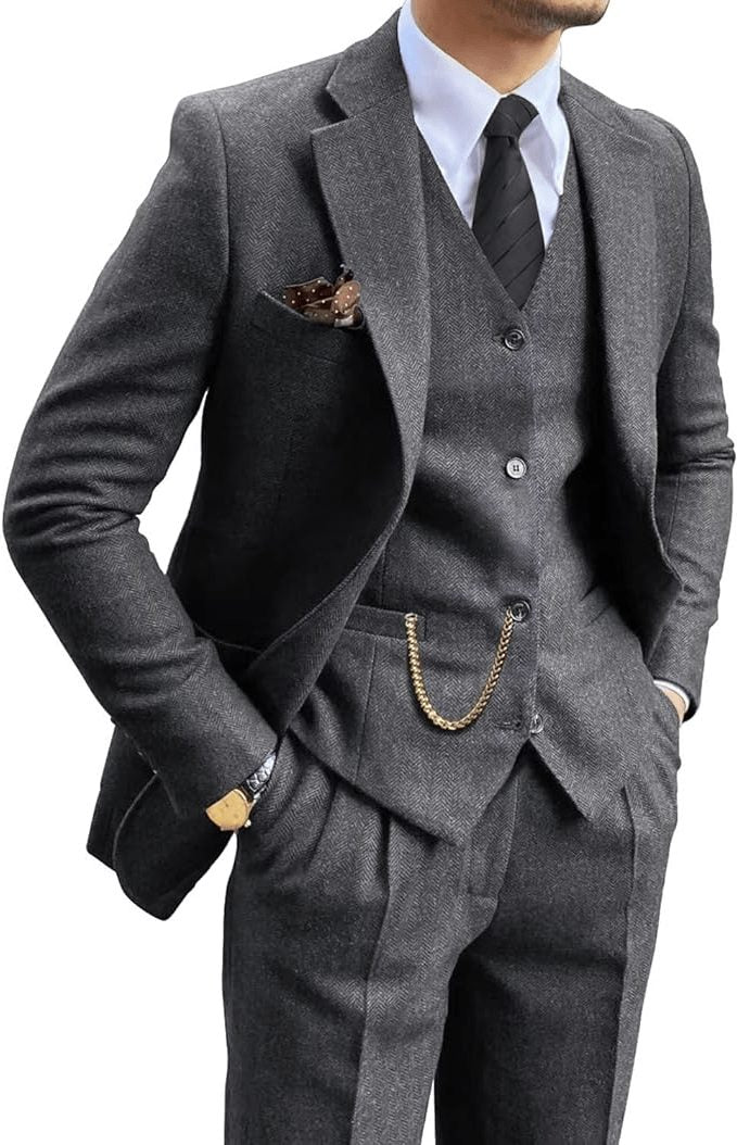 Tailored Herringbone Three-Piece Suit for Men - Grey