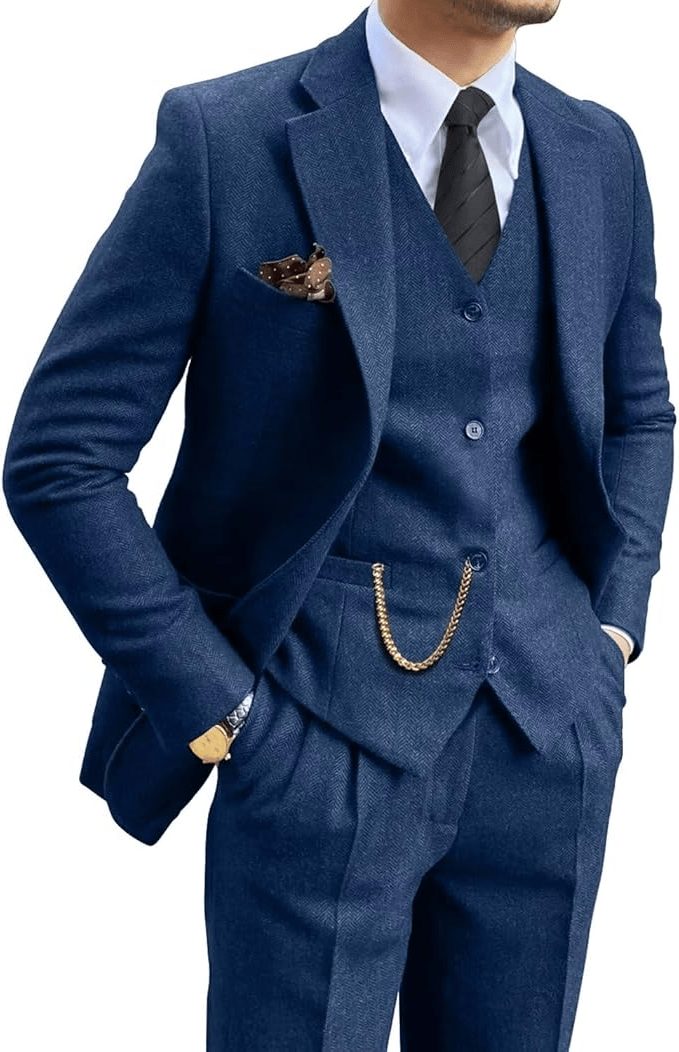 Tailored Herringbone Three-Piece Suit for Men - Navy Blue