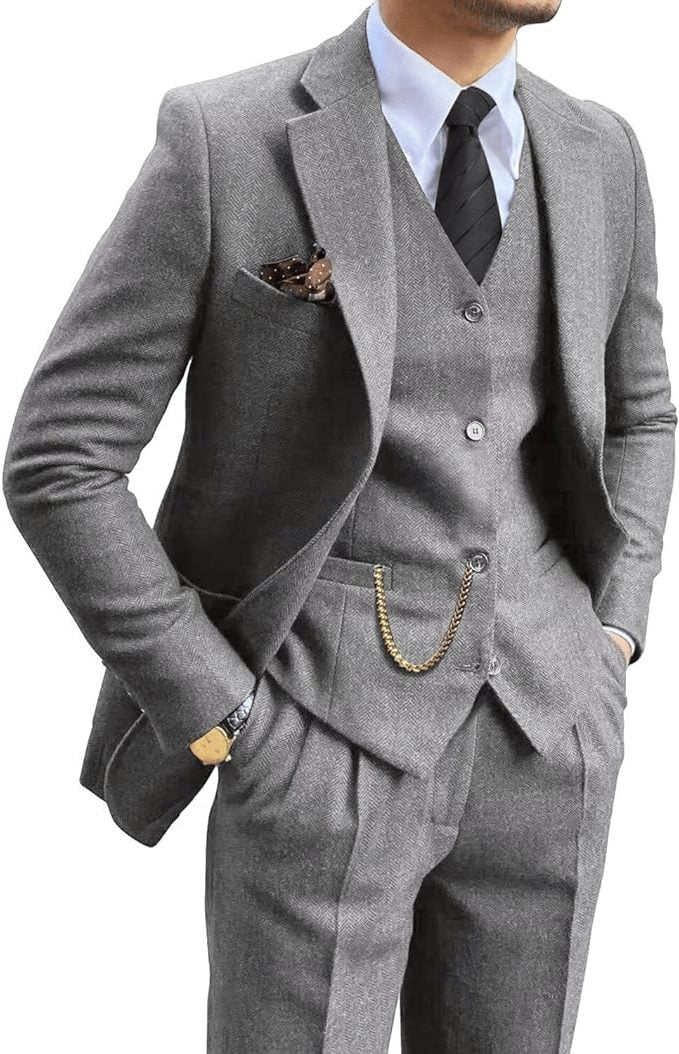 Tailored Herringbone Three-Piece Suit for Men - View 8