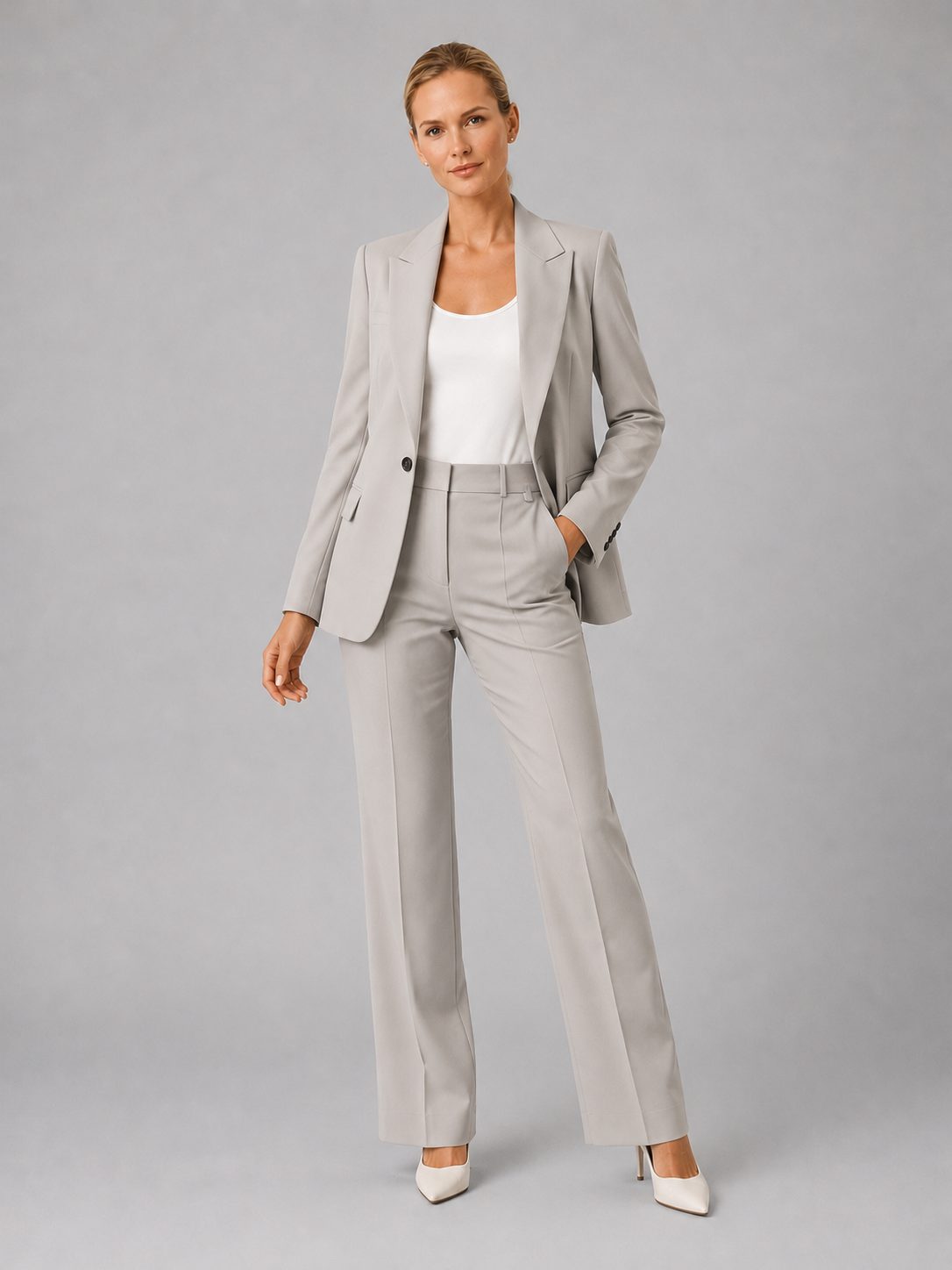 Tailored High-Waist Straight Leg Suit Set for Women - Grey