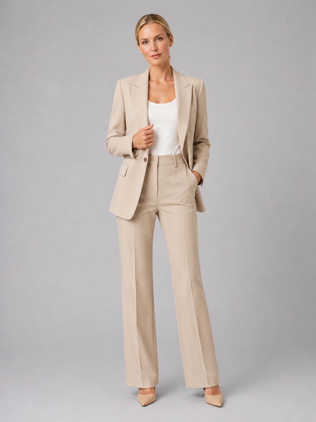 Tailored High-Waist Straight Leg Suit Set for Women - Beige
