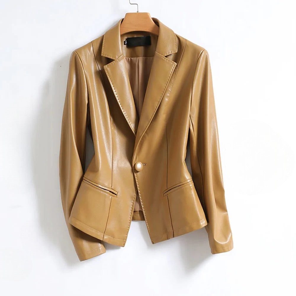Tailored Leather Blazer with Lapel Collar for Women