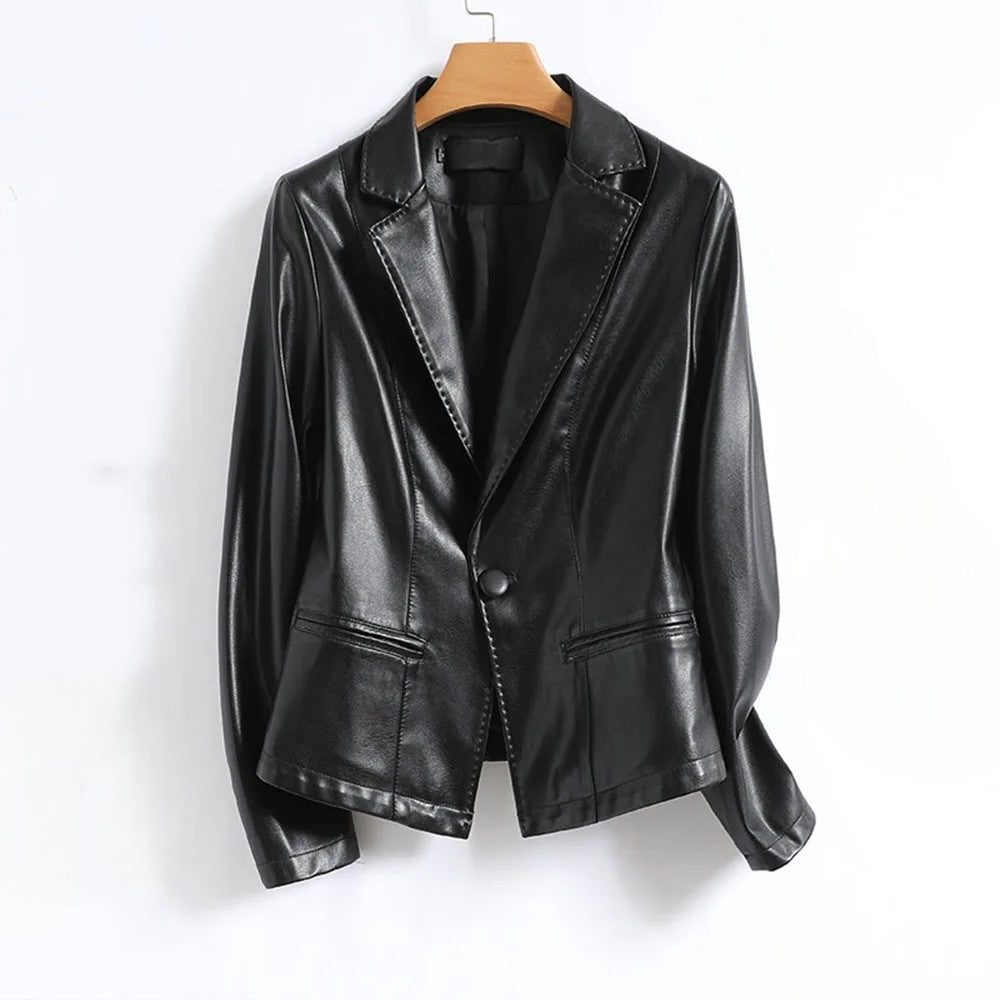 Tailored Leather Blazer with Lapel Collar for Women - Black