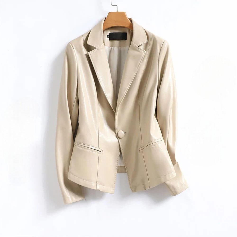 Tailored Leather Blazer with Lapel Collar for Women - Off White