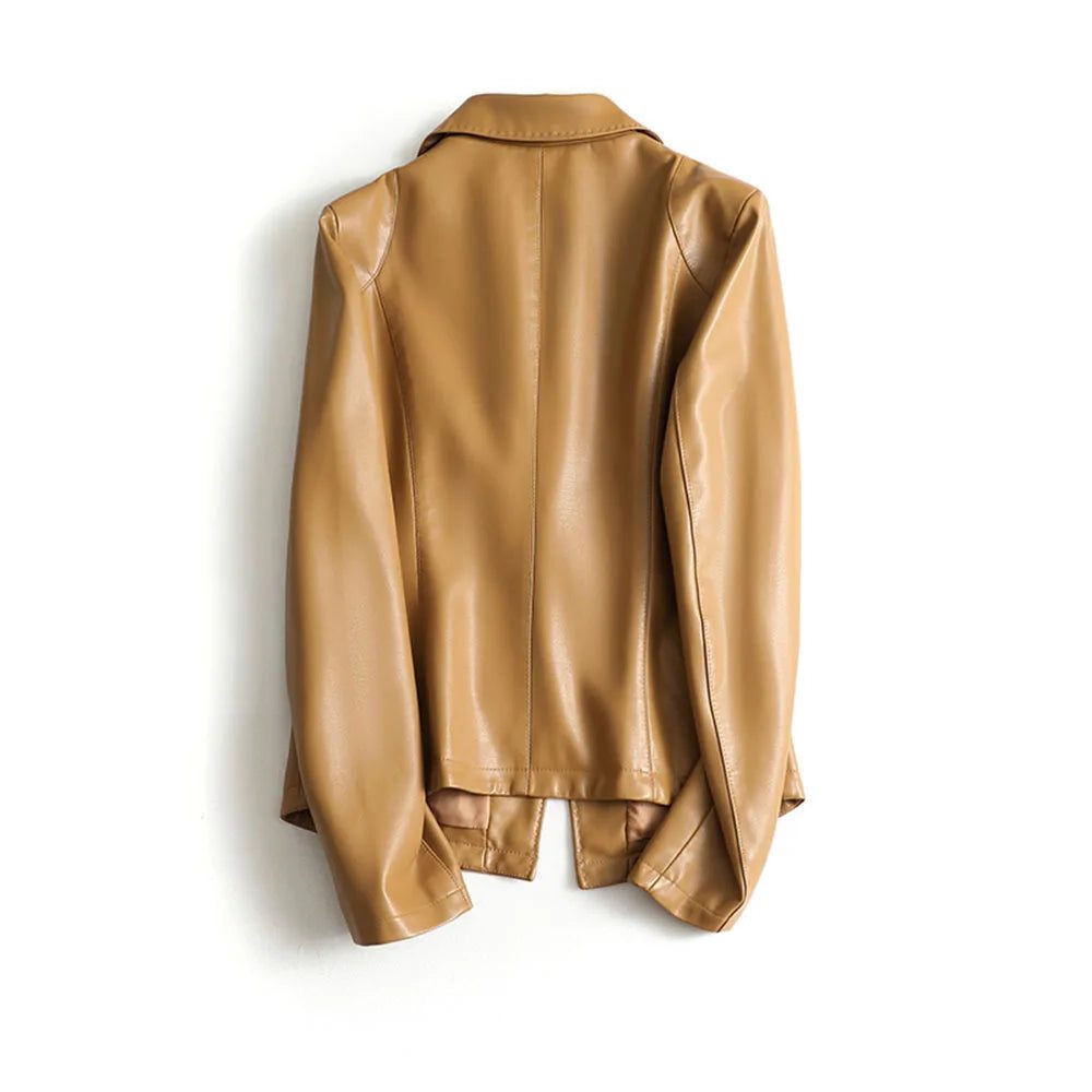 Tailored Leather Blazer with Lapel Collar for Women