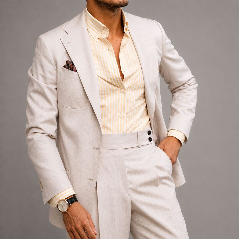 Tailored Single-Breasted Linen Suit for Men - Beige