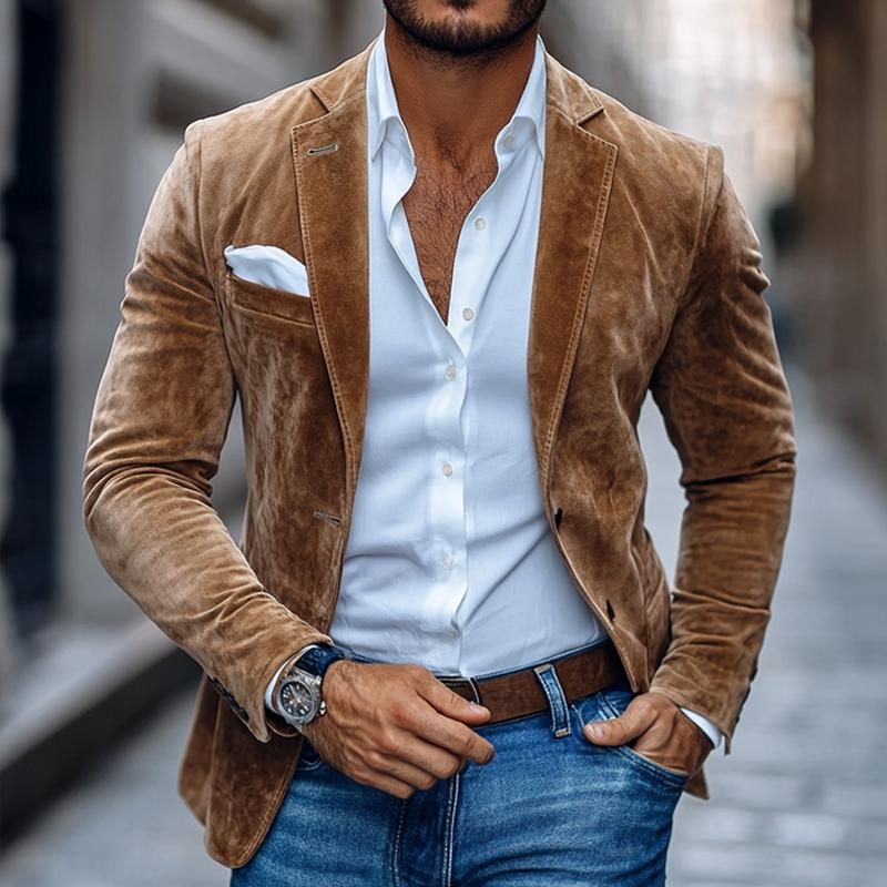 Tailored Suede Leather Jacket with Notch Lapel for Men