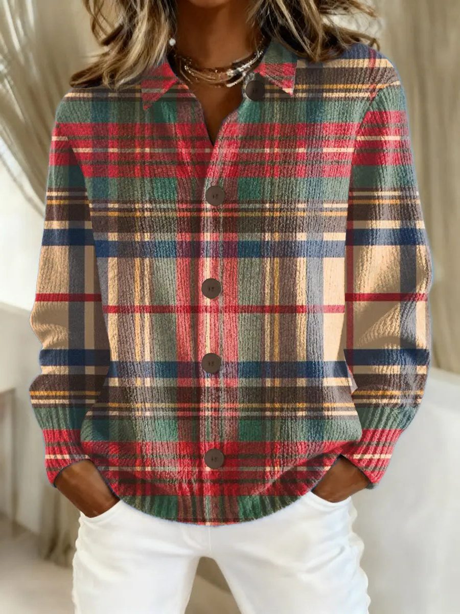 Tartan Check Button-Up Blouse with Collar for Women