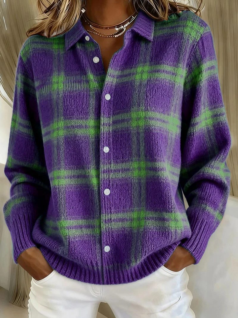 Tartan Check Button-Up Blouse with Collar for Women - Purple/Green
