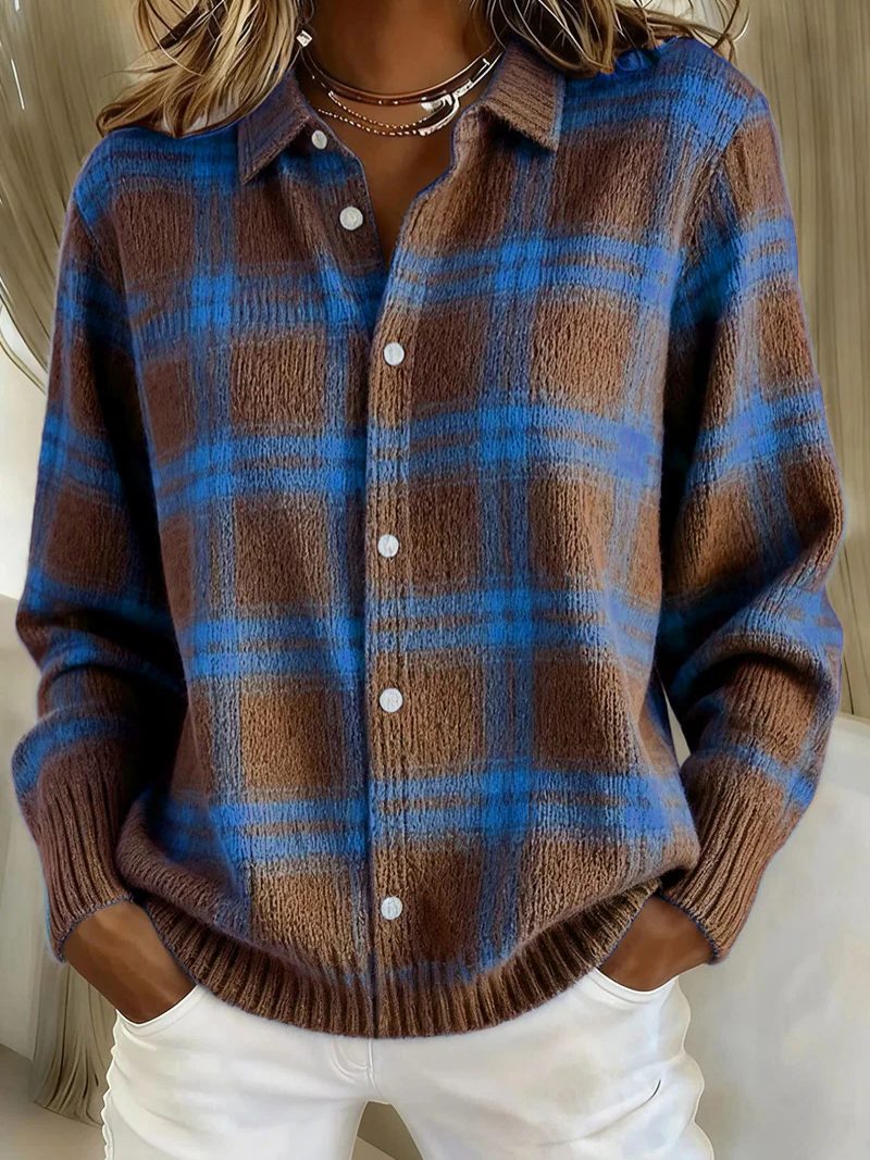 Tartan Check Button-Up Blouse with Collar for Women - Brown/Blue