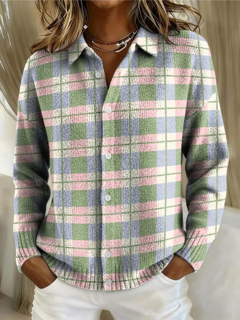Tartan Check Button-Up Blouse with Collar for Women - Light Grey/Pink