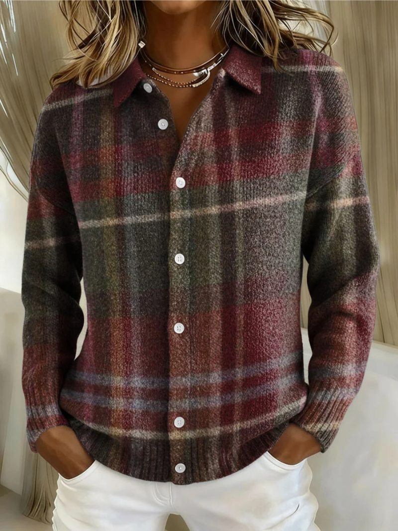 Tartan Check Button-Up Blouse with Collar for Women - View 17