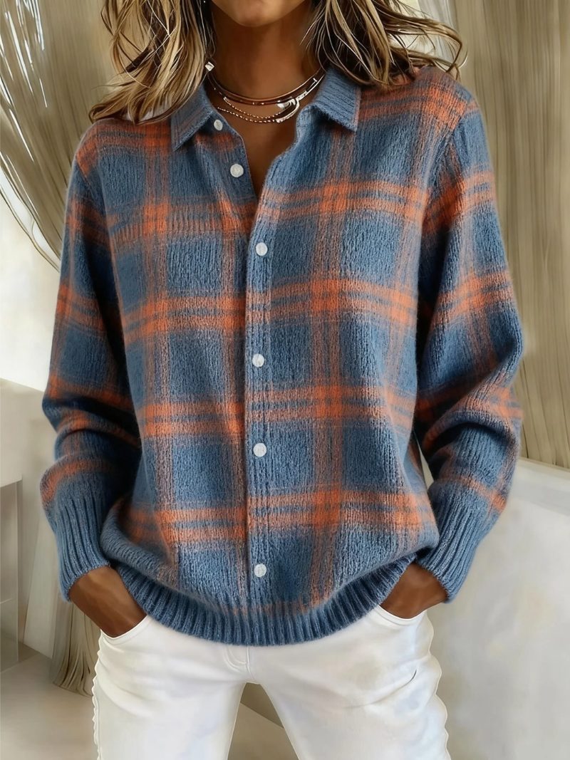 Tartan Check Button-Up Blouse with Collar for Women - View 20