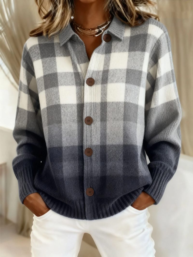 Tartan Check Button-Up Blouse with Collar for Women - View 21