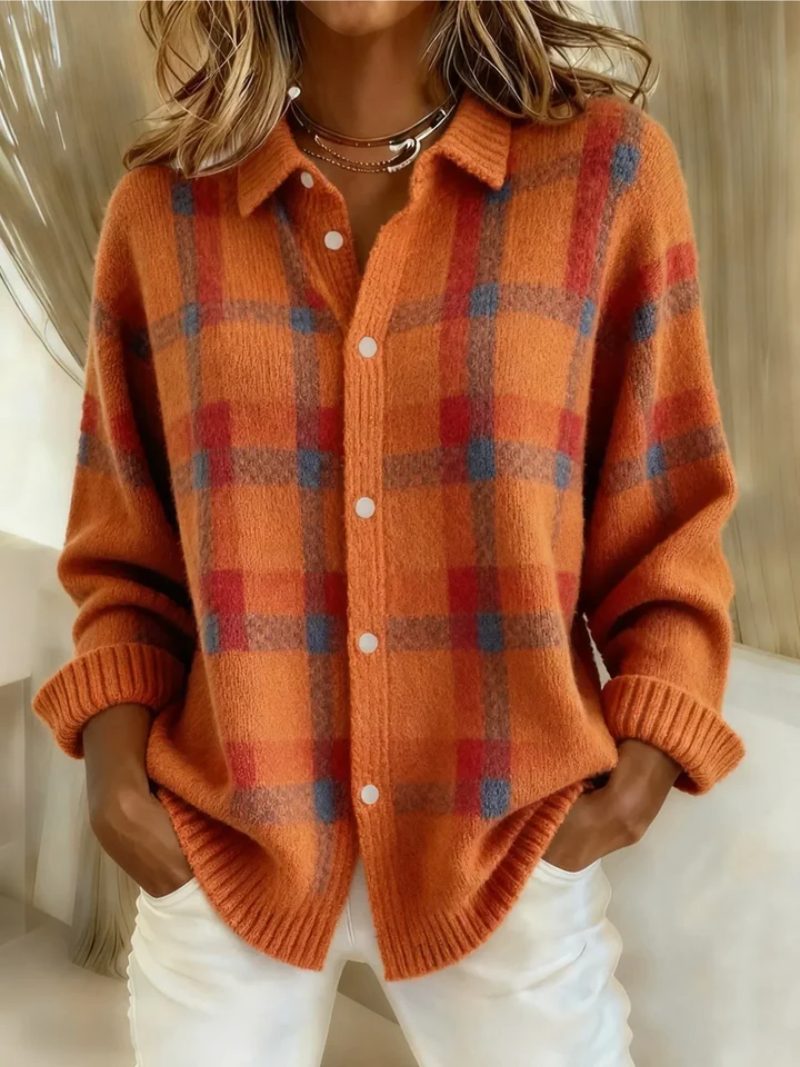 Tartan Check Button-Up Blouse with Collar for Women - Orange