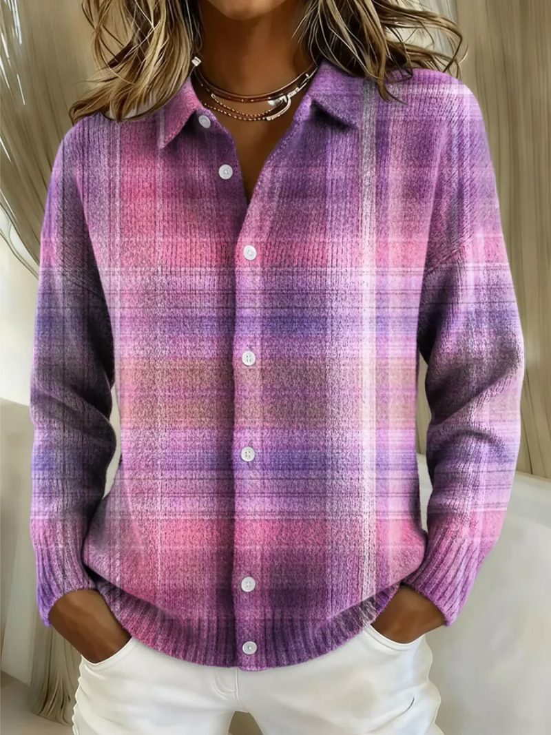 Tartan Check Button-Up Blouse with Collar for Women - Pink