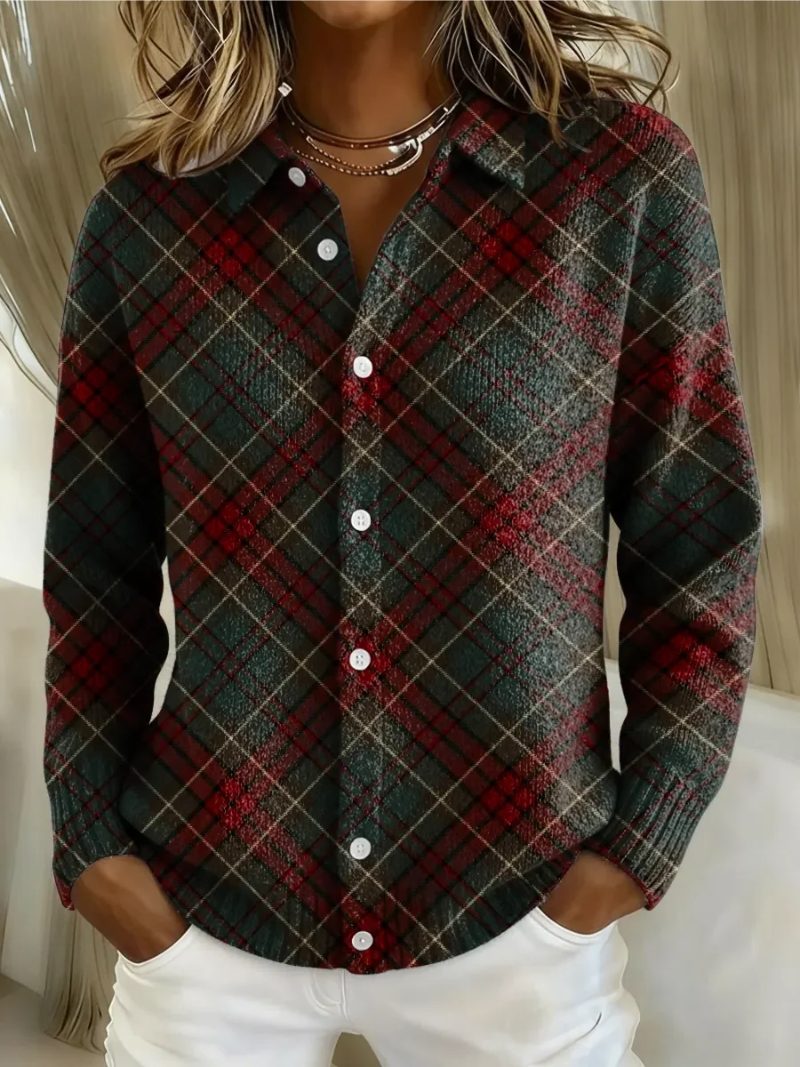 Tartan Check Button-Up Blouse with Collar for Women - Dark Grey