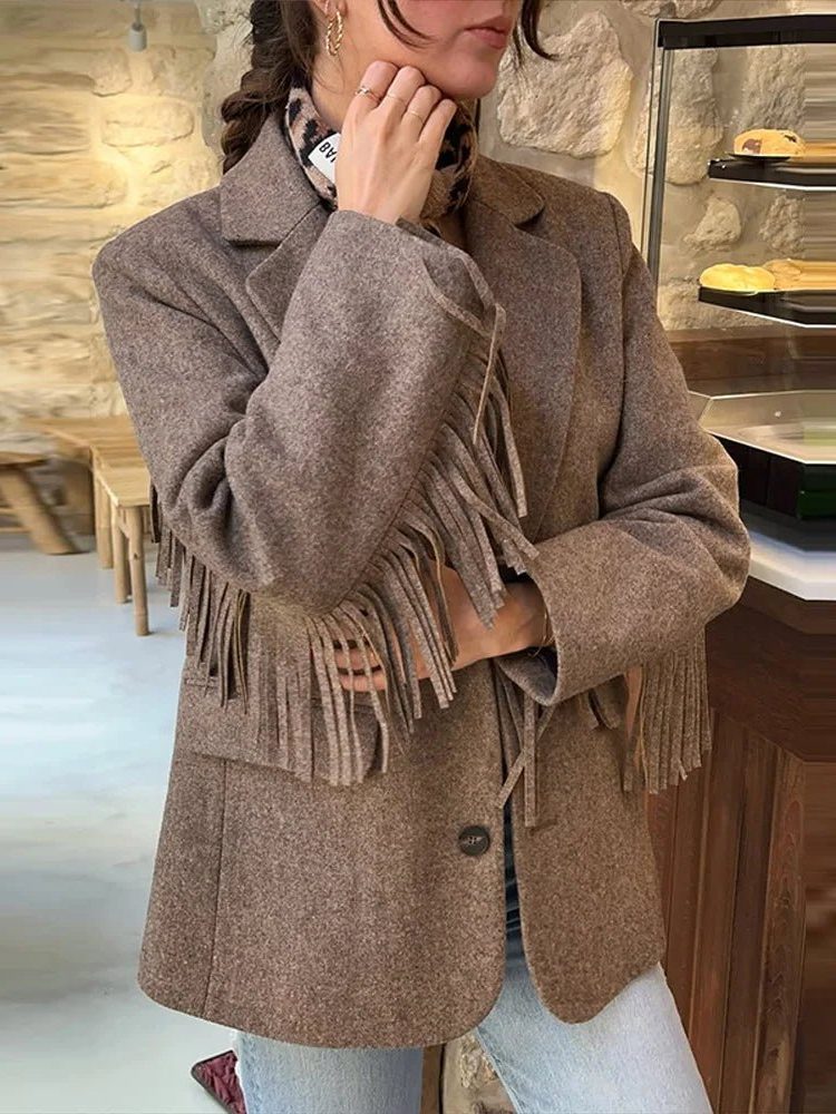 Tassel Blazer with Lapel Collar for Women - Bruin