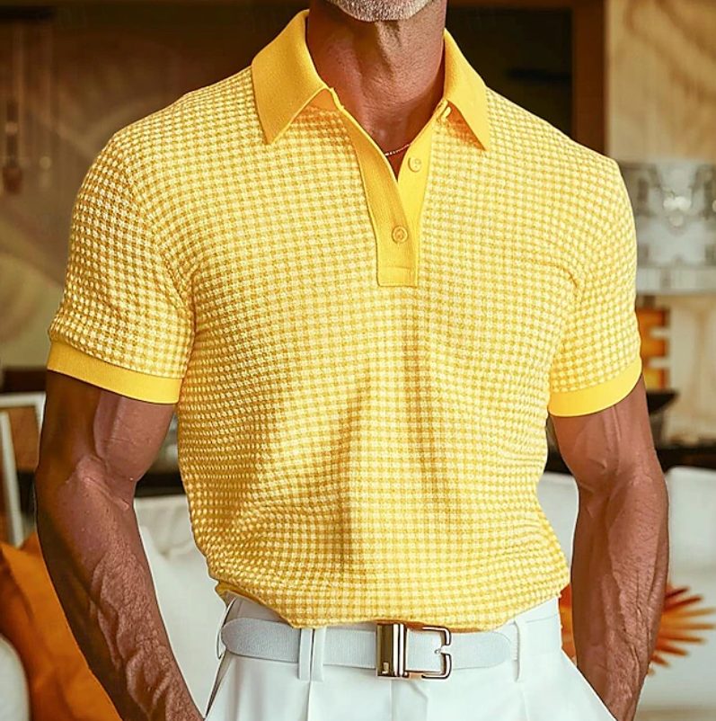 Textured Waffle Collar Polo Shirt for Men