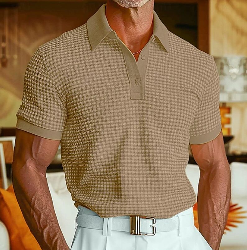 Textured Waffle Collar Polo Shirt for Men - Brown