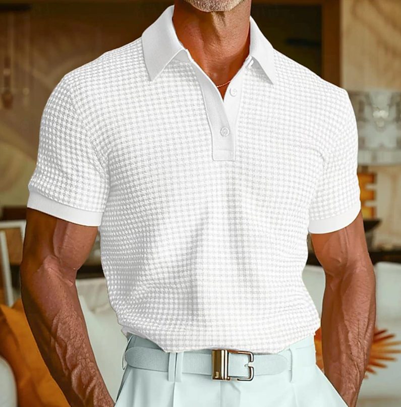 Textured Waffle Collar Polo Shirt for Men - White