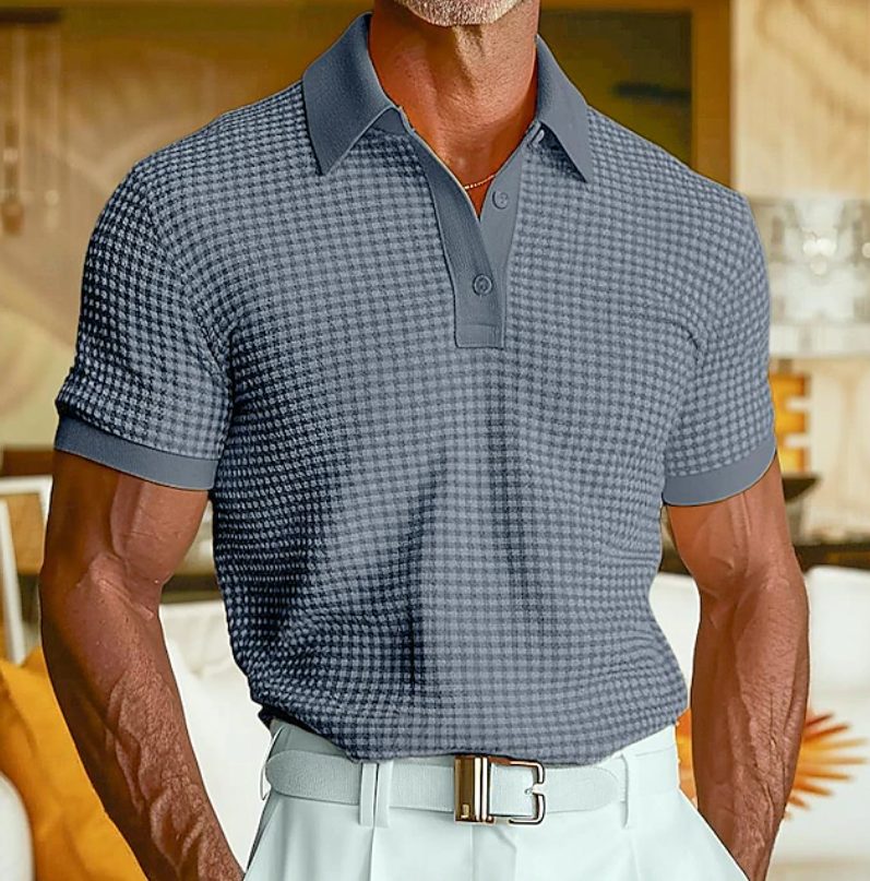 Textured Waffle Collar Polo Shirt for Men - Navy Blue