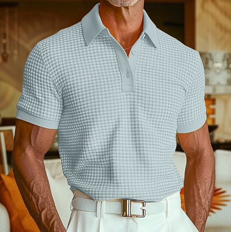 Textured Waffle Collar Polo Shirt for Men - Light Blue