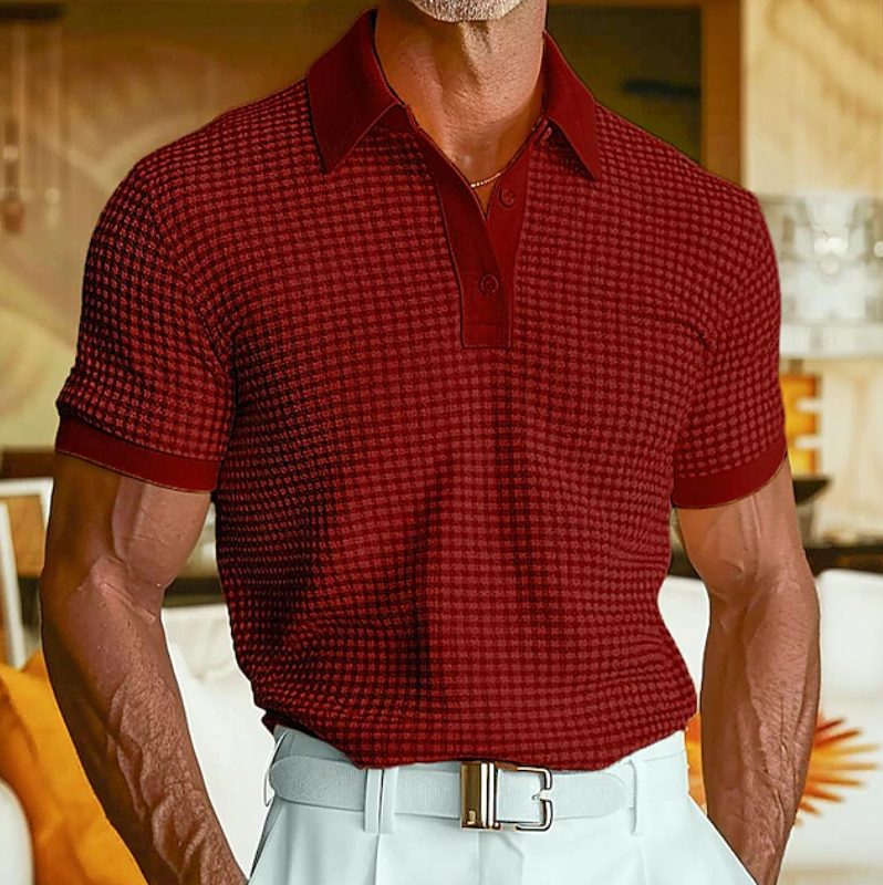 Textured Waffle Collar Polo Shirt for Men - Red