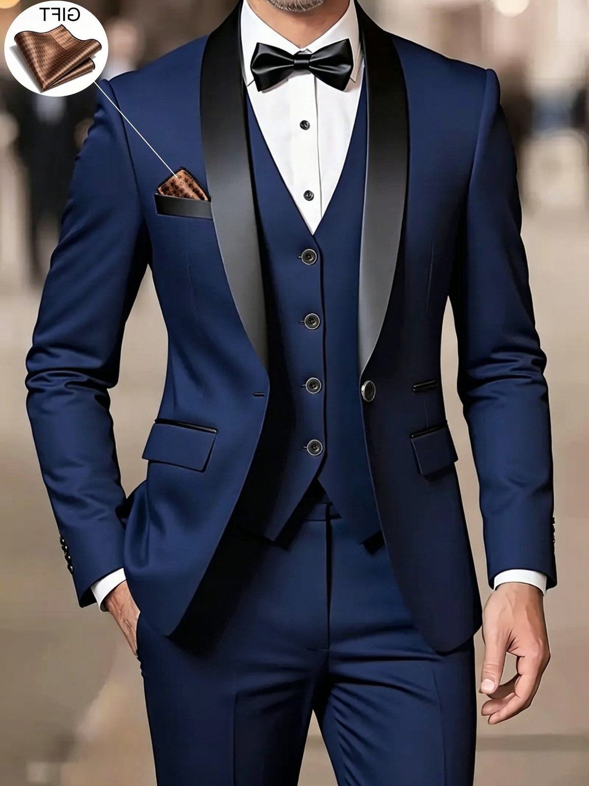 Three-Piece Shawl Collar Tuxedo Suit for Men - Navy Blue