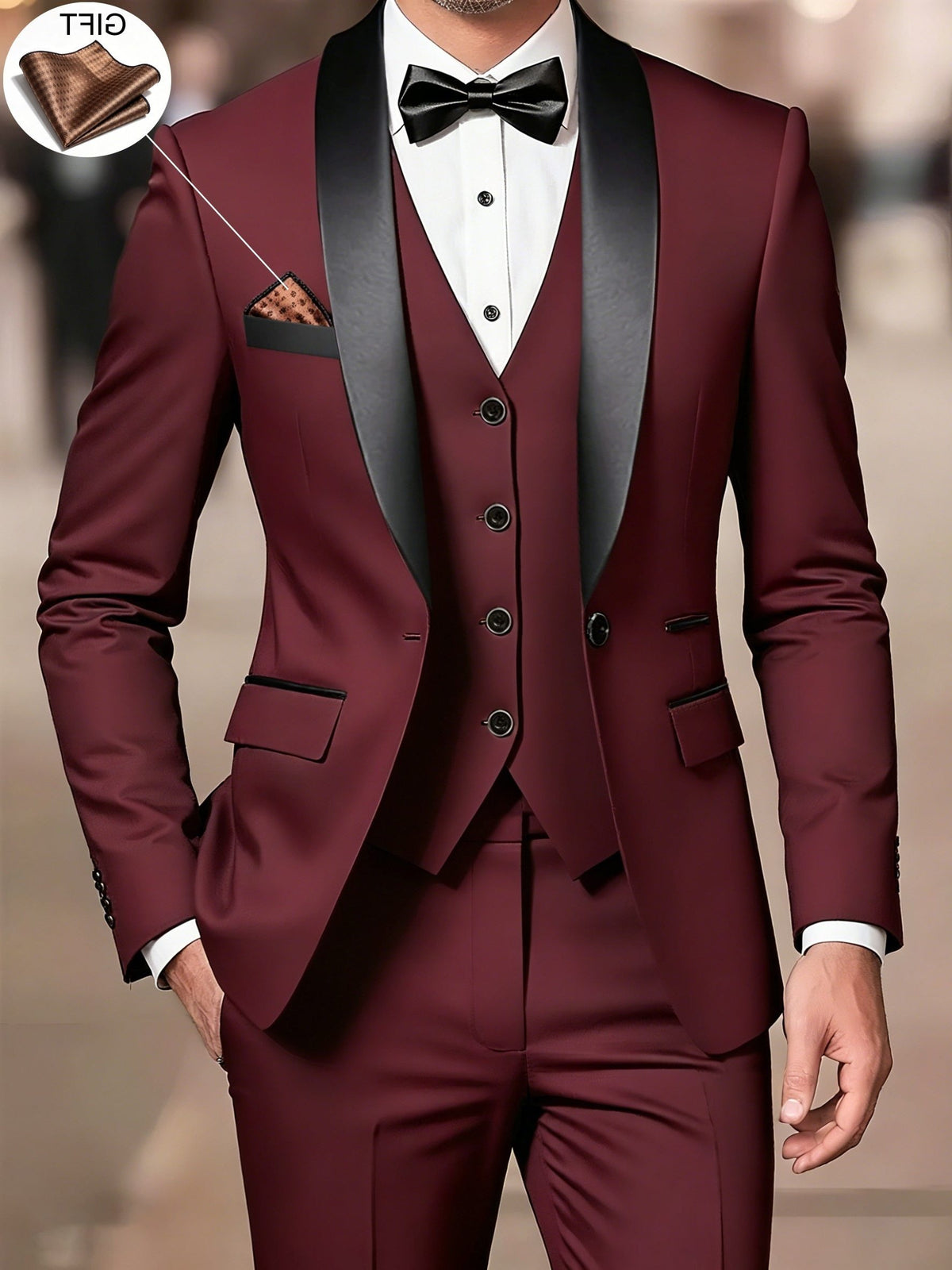 Three-Piece Shawl Collar Tuxedo Suit for Men - Burgundy
