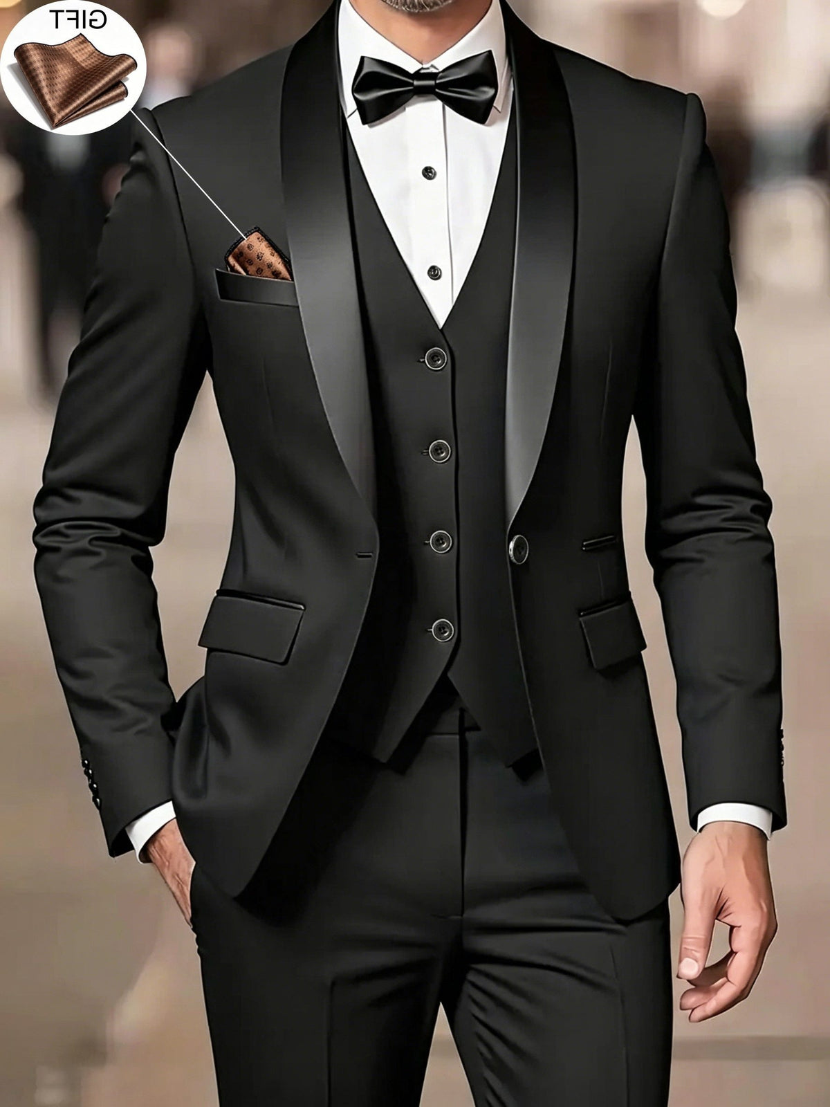Three-Piece Shawl Collar Tuxedo Suit for Men - Black