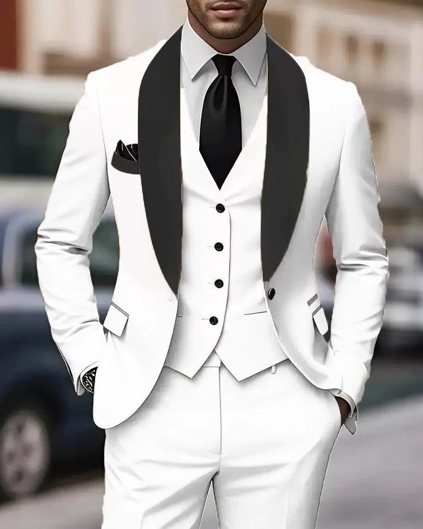 Three-Piece Shawl Collar Tuxedo Suit for Men - White
