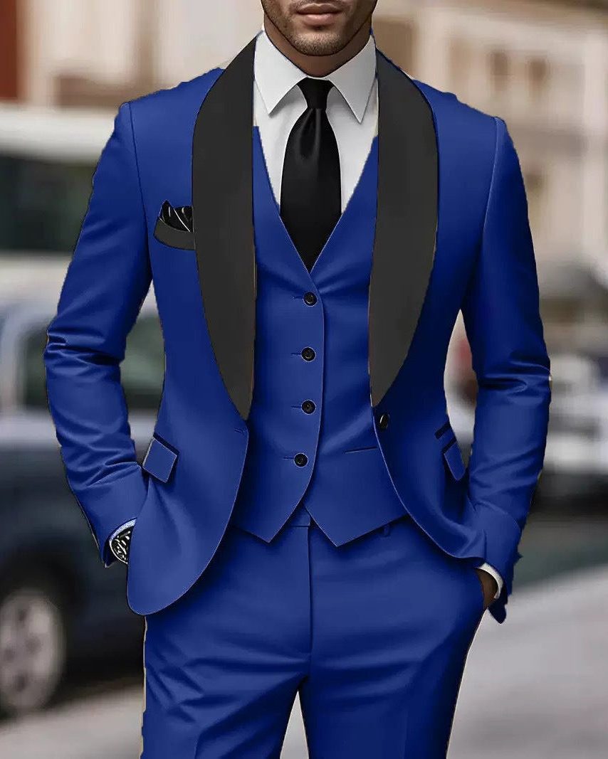 Three-Piece Shawl Collar Tuxedo Suit for Men - Blue