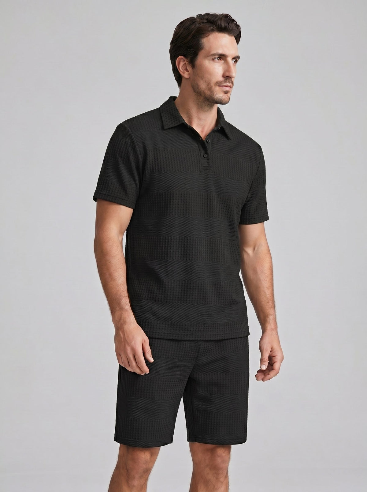 Textured Knit Polo Shirt and Shorts Set for Men - Black