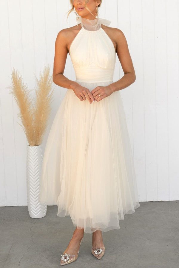 Halterneck Wedding Guest Tulle Maxi Dress for Women - Off-White